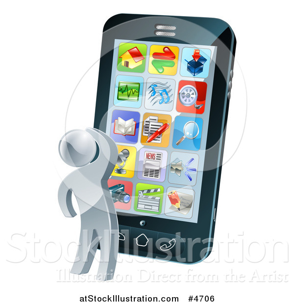 Vector Illustration of a 3d Silver Person Thinking and Looking at App Icons on a Giant Smart Phone