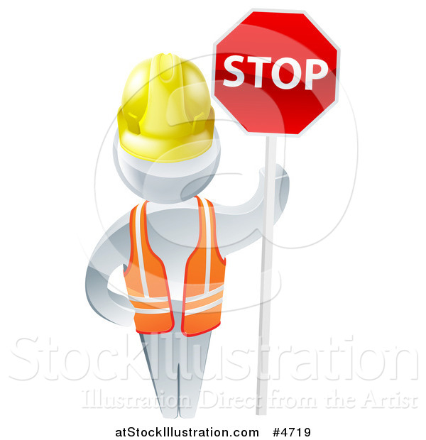 Vector Illustration of a 3d Silver Road Construction Worker Man Holding a Stop Sign