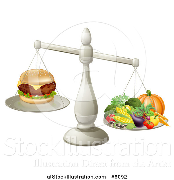 Vector Illustration of a 3d Silver Scale Comparing a Cheeseburger As Better Than Produce