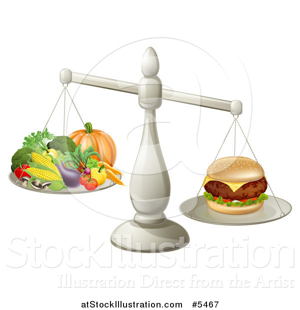 Vector Illustration of a 3d Silver Scale Comparing a Cheeseburger to Produce