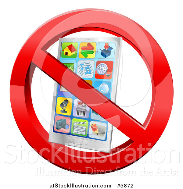 Vector Illustration of a 3d Silver Smart Phone in a Restricted Symbol