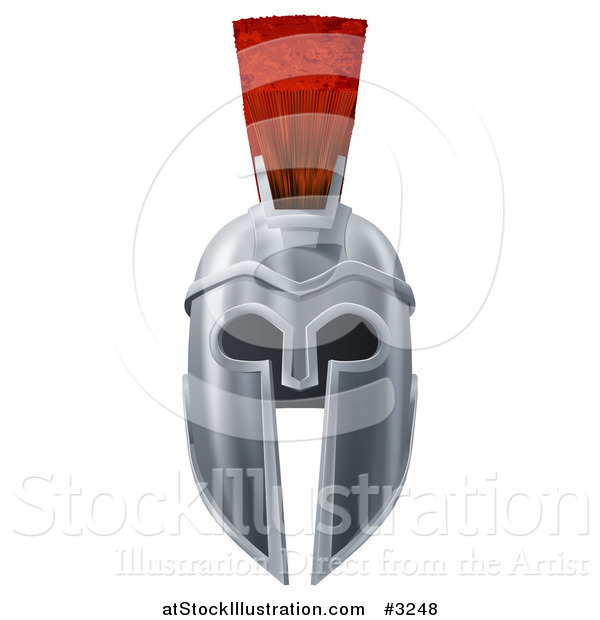 Vector Illustration of a 3d Silver Trojan Spartan Helmet with a Red Mohawk from the Front