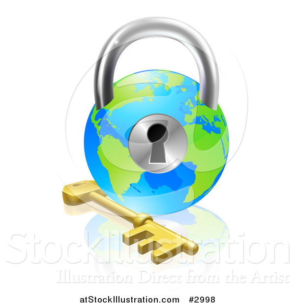 Vector Illustration of a 3d Skeleton Key and Globe Padlock