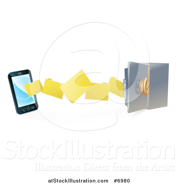 Vector Illustration of a 3d Smart Cell Phone Doing a Secure Data Transfer Backup to a Safe Vault