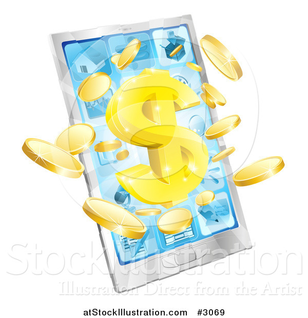 Vector Illustration of a 3d Smart Cellphone with Coins and a Dollar Symbol Bursting from the Screen