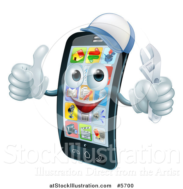 Vector Illustration of a 3d Smart Phone Character Wearing a Hat, Holding a Thumb up and an Adjustable Wrench