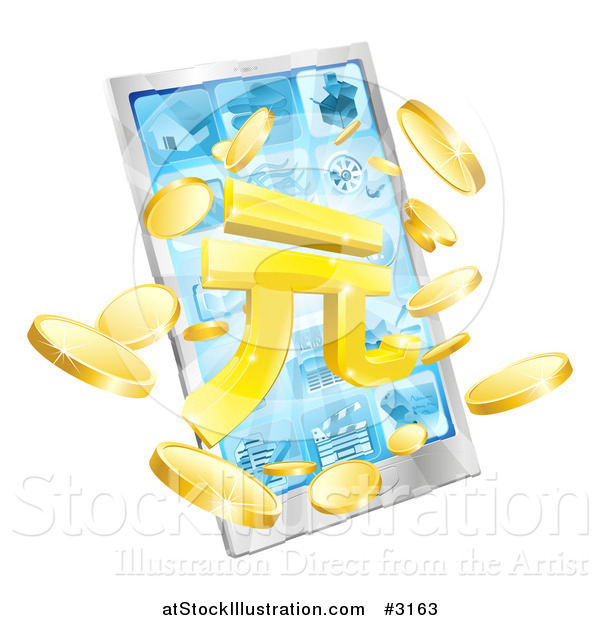 Vector Illustration of a 3d Smart Phone with Yuan and Coins Bursting from the Screen