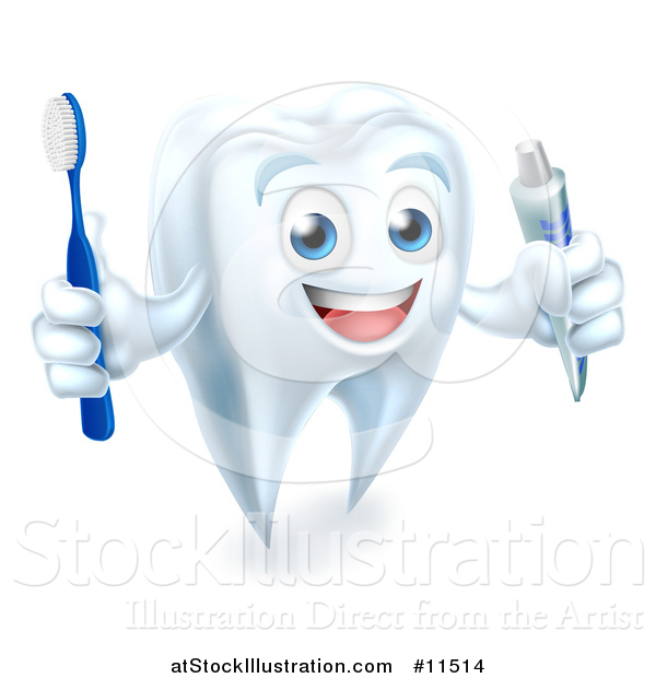 Vector Illustration of a 3d Smiling White Tooth Character Holding a Toothbrush and Tube of Toothpaste
