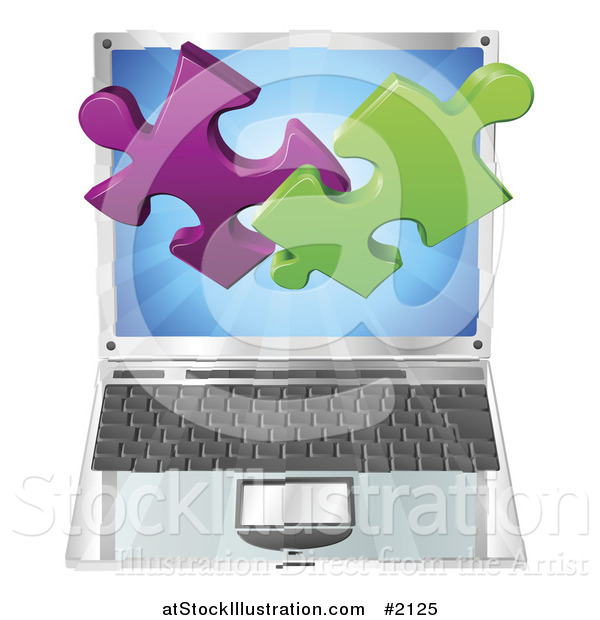 Vector Illustration of a 3d Solution Puzzle Pieces over a Laptop Computer