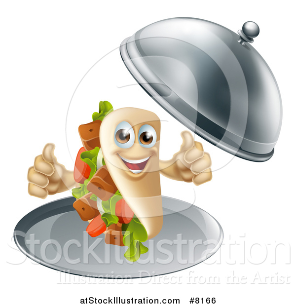 Vector Illustration of a 3d Souvlaki Kebab Sandwich Character Giving Two Thumbs up and Being Served in a Cloche Platter