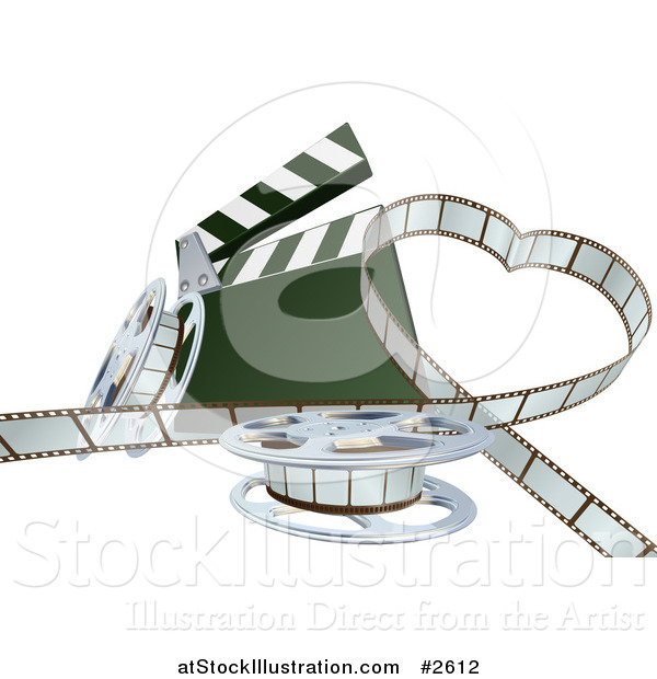 Vector Illustration of a 3d Strip of Movie Film in a Heart with a Clapper and Reels