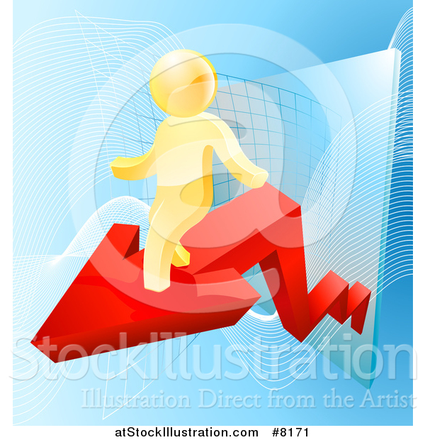 Vector Illustration of a 3d Successful Gold Man Walking on a Red Arrow over Graphs on Blue