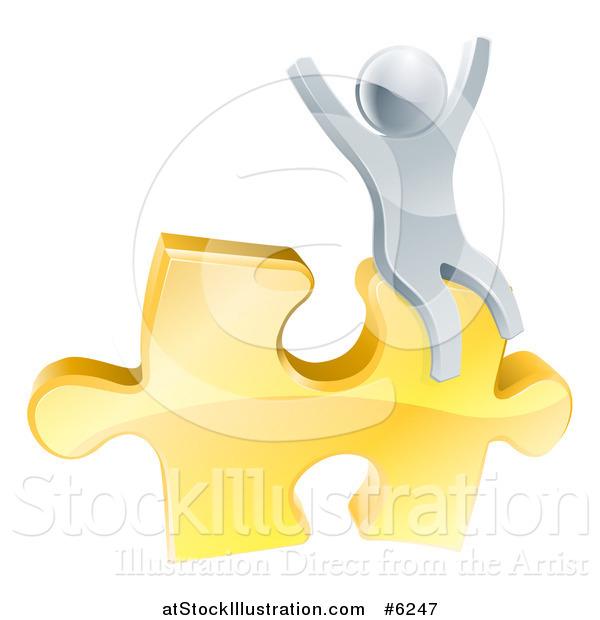 Vector Illustration of a 3d Successful Silver Man Cheering and Sitting on a Golden Puzzle Piece