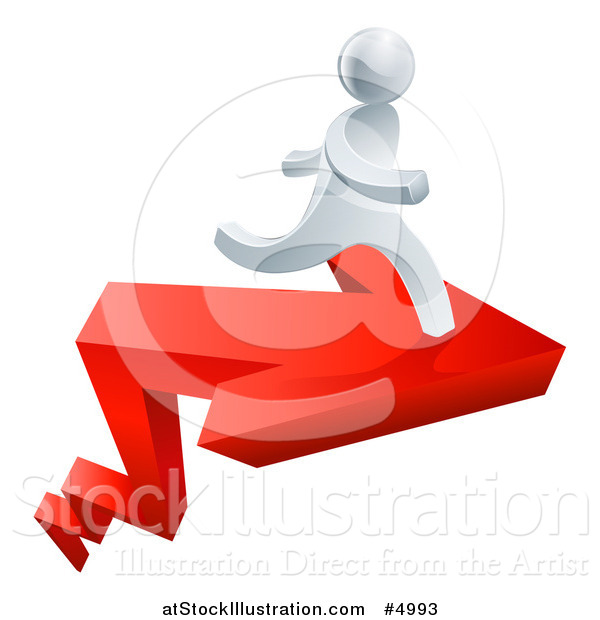 Vector Illustration of a 3d Successful Silver Man Running on a Red Arrow
