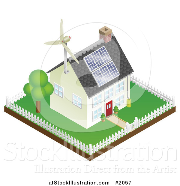 Vector Illustration of a 3d Sustainable Energy Home with Roof Solar Panels and a Wind Turbine