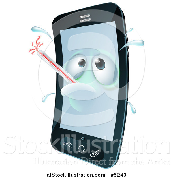 Vector Illustration of a 3d Sweaty Cell Phone Character Sick with a Fever and Thermometer