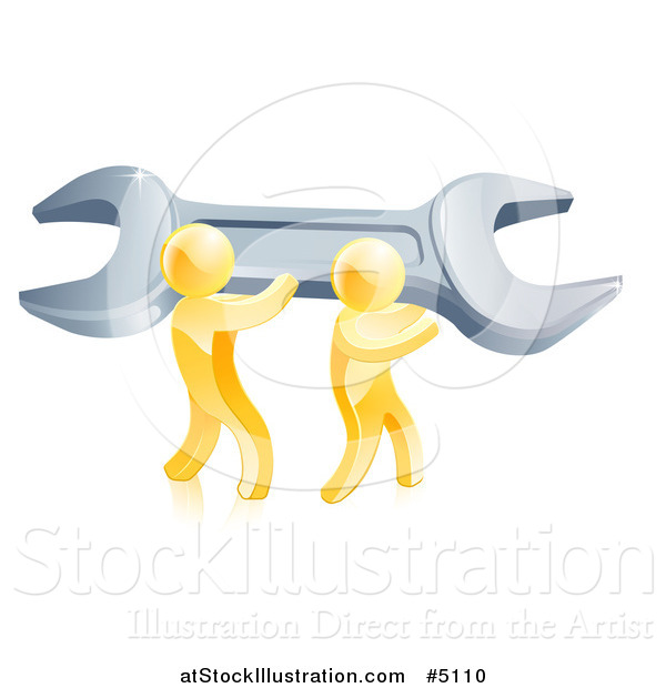 Vector Illustration of a 3d Team of Gold Men Carrying a Giant Spanner Wrench
