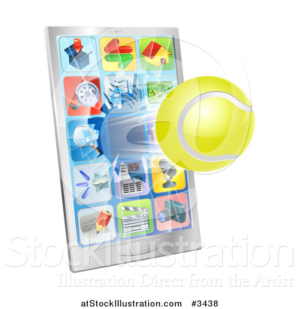 Vector Illustration of a 3d Tennis Ball Flying Through and Breaking a Smart Phone Screen