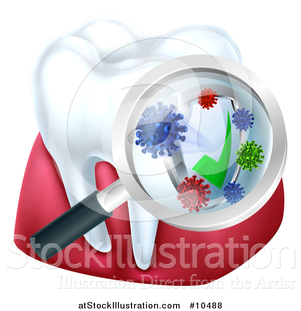 Vector Illustration of a 3d Tooth and Gums with a Magnifying Glass over a Protective Dental Shield