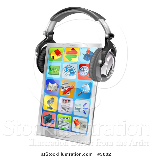 Vector Illustration of a 3d Touch Screen Smart Phone with App Icons and Headphones