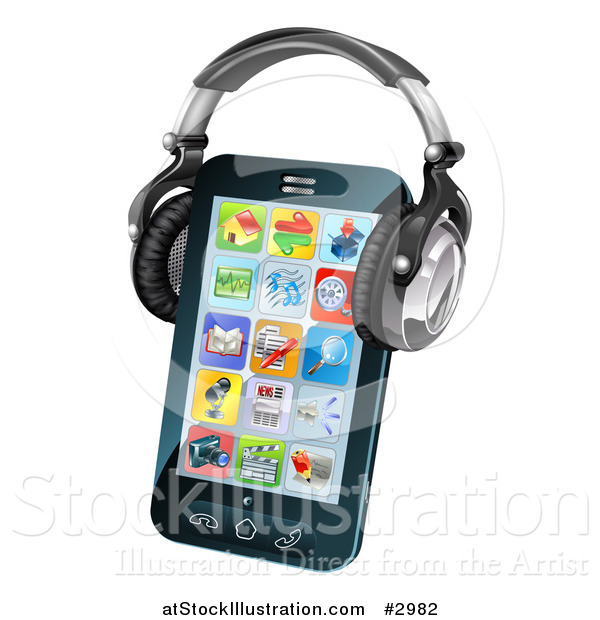 Vector Illustration of a 3d Touch Screen Smartphone with App Icons and Headphones