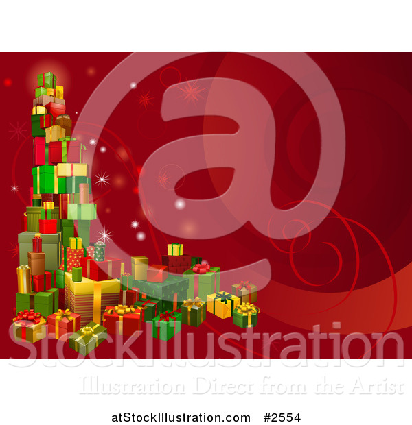 Vector Illustration of a 3d Tower of Christmas Gifts on a Red Background