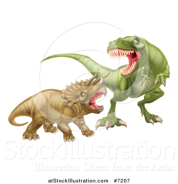 Vector Illustration of a 3d Tyrannosaurus Rex Dinosaur Attacking a Triceratops