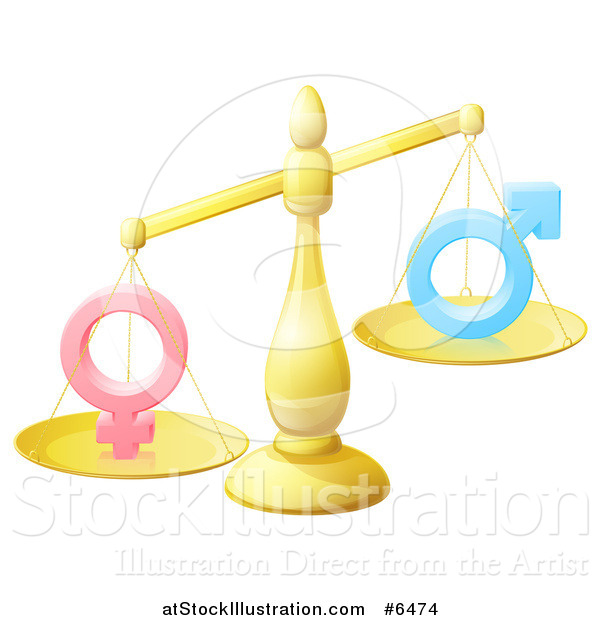 Vector Illustration of a 3d Unbalanced Gold Scale Weighing Gender Inequality Symbols