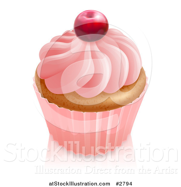 Vector Illustration of a 3d Vanilla Cupcake with Pink Frosting and Wrapper Topped with a Cherry