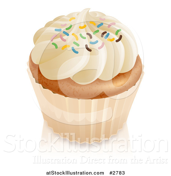 Vector Illustration of a 3d Vanilla Cupcake with White Frosting and Colorful Sprinkles