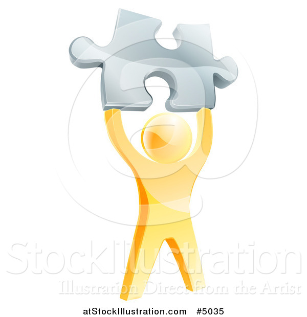 Vector Illustration of a 3d Victorious Gold Man Holding up a Silver Puzzle Piece