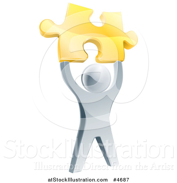 Vector Illustration of a 3d Victorious Silver Man Holding up a Golden Puzzle Piece
