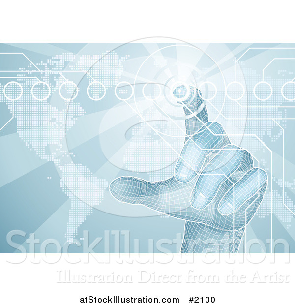 Vector Illustration of a 3d Virtual Hand Pushing a Button on a Blue Map Screen