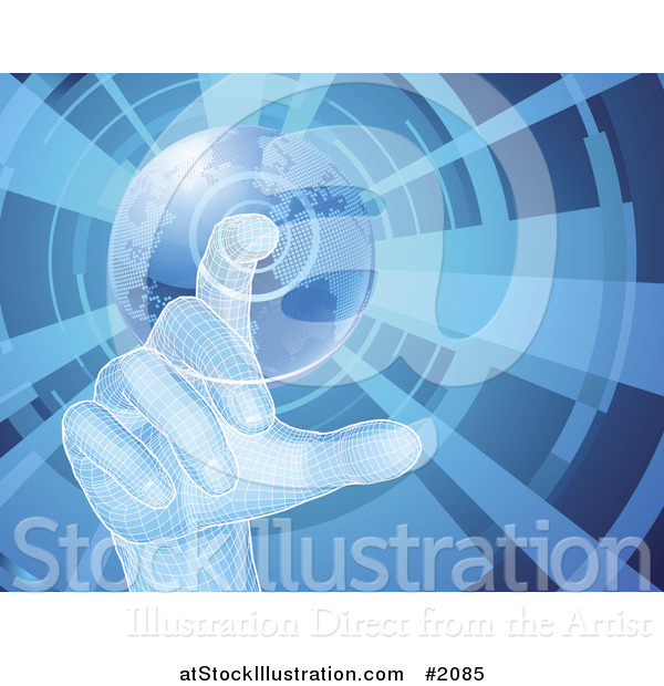 Vector Illustration of a 3d Virtual Hand Selecting a Globe Button, on Blue