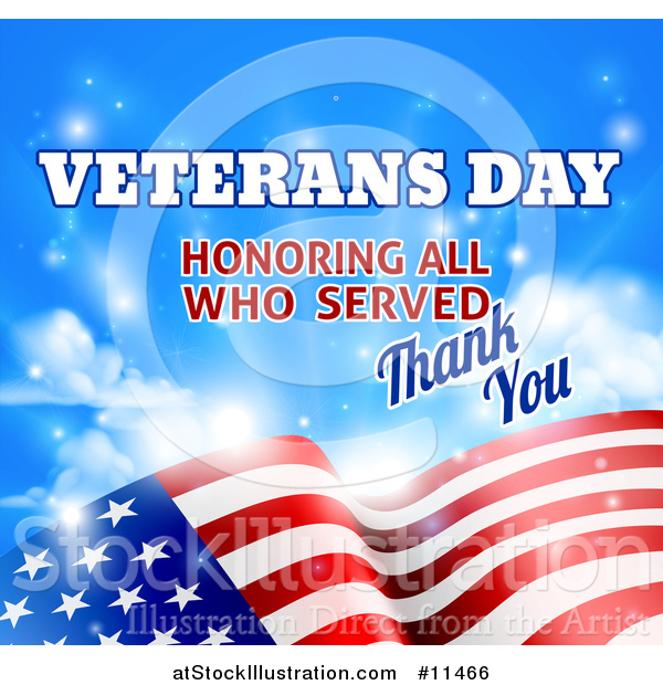 Vector Illustration of a 3d Waving American Flag with Veterans Day Honoring All Who Served Thank You Text and Sky