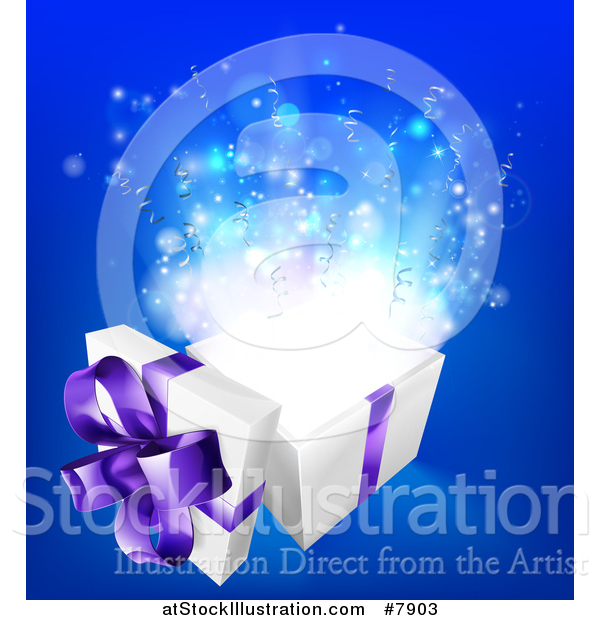 Vector Illustration of a 3d White and Purple Open Gift Box with Magic over Blue