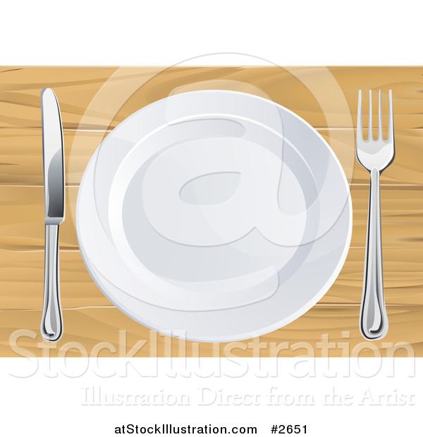 Vector Illustration of a 3d White Plate with Silverware on a Wooden Table