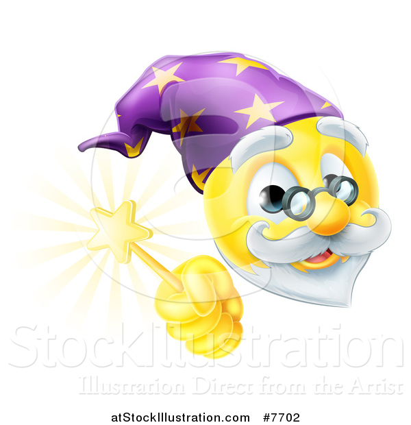 Vector Illustration of a 3d Wizard Yellow Smiley Emoji Emoticon Face Holding a Magic Wand