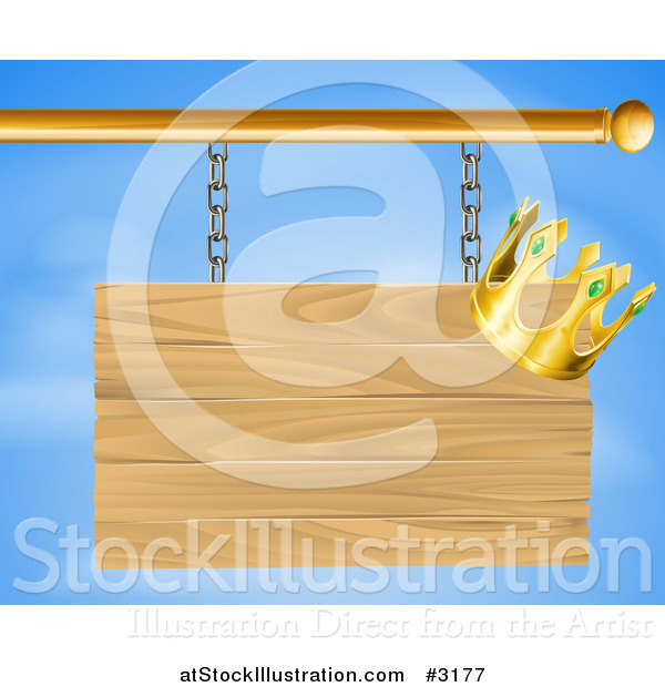 Vector Illustration of a 3d Wooden Shingle Sign with a Crown over a Blue Sky