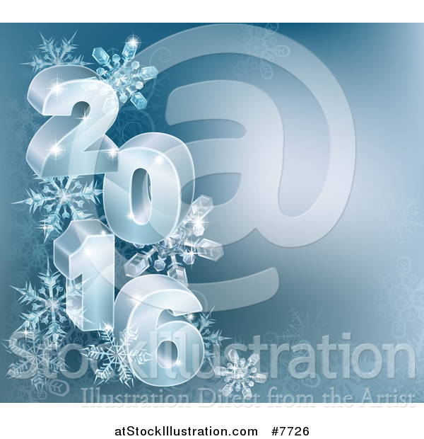 Vector Illustration of a 3d Year 2016 with Snowflakes on Blue