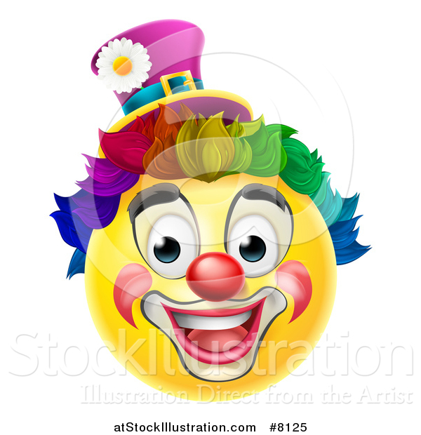 Vector Illustration of a 3d Yellow Clown Smiley Emoji Emoticon Face with a Rainbow Wig