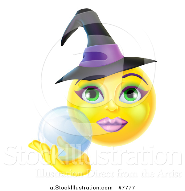 Vector Illustration of a 3d Yellow Female Smiley Emoji Emoticon Witch Holding a Crystal Ball