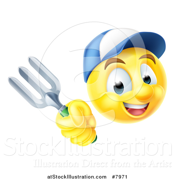 Vector Illustration of a 3d Yellow Male Smiley Emoji Emoticon Gardener Holding a Fork