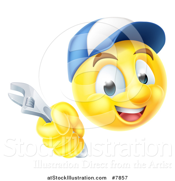 Vector Illustration of a 3d Yellow Male Smiley Emoji Emoticon Plumber or Mechanic Face Holding an Adjustable Wrench