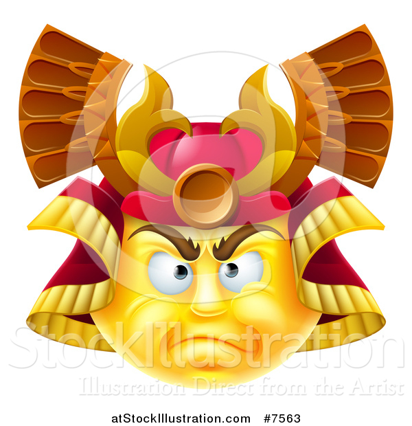 Vector Illustration of a 3d Yellow Smiley Emoji Emoticon Face in a Samurai Warrior Helmet