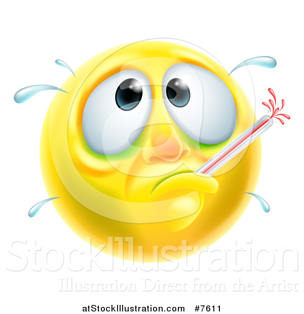 Vector Illustration of a 3d Yellow Smiley Emoji Emoticon Face Sick with a Fever and Thermometer