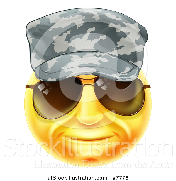 Vector Illustration of a 3d Yellow Soldier Smiley Emoji Emoticon Face Wearing Sunglasses and a Camo Hat