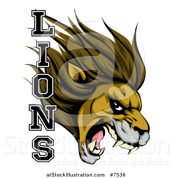 Vector Illustration of a Aggressive Male Lion Roaring Mascot Head and Text