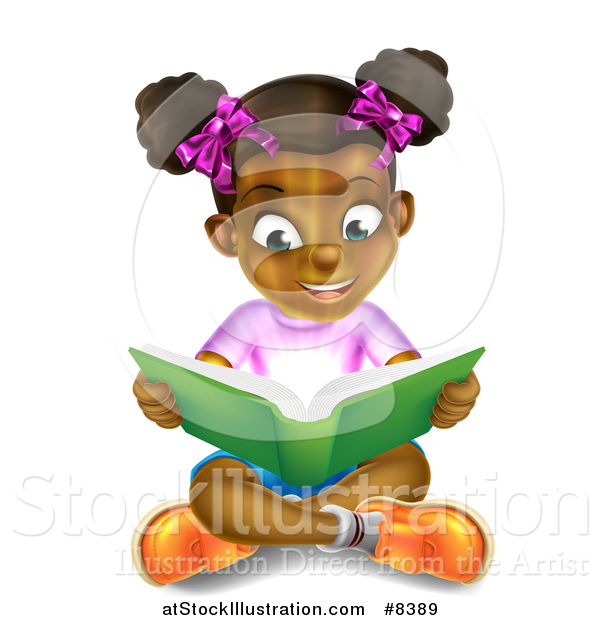 Vector Illustration of a Amazed Black Girl Sitting on the Floor and Reading a Book with Light Glowing from the Pages