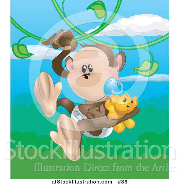 Vector Illustration of a Baby Monkey in a Diaper, Sucking a Pacifier While Carrying a Teddy Bear and Swinging on Vines in a Forest